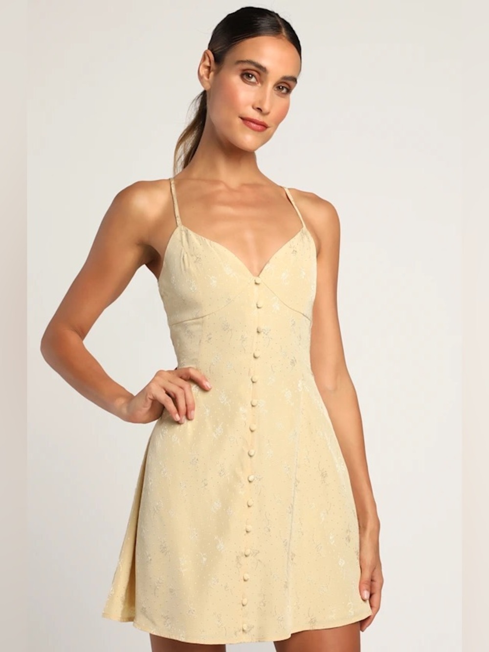 Constantly Chic Light Yellow Floral Jacquard Satin Mini Dress Size Medium